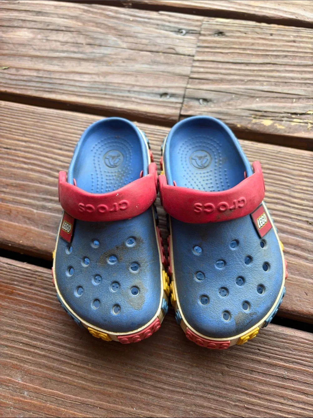 CROCS Kids Blue Clogs with Red Strap and Multicolor LEGO Accents